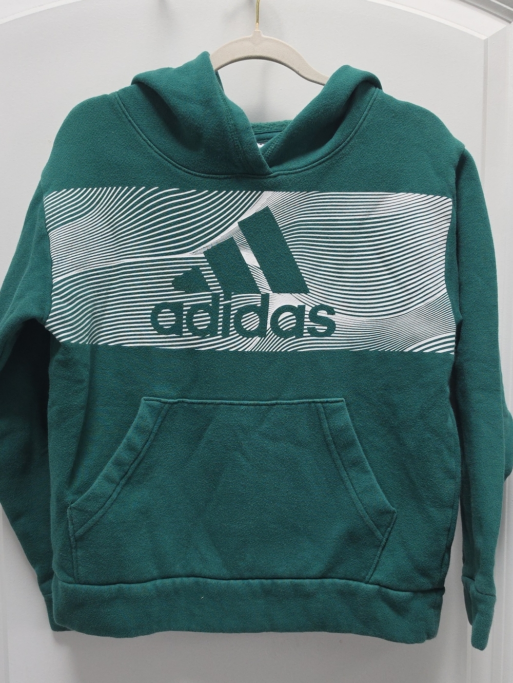 adidas Green Pullover Hoodie with White Wave Logo, Youth SMALL